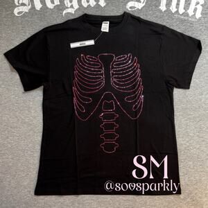 VS PINK Carmine Rose Bling Halloween Skeleton Campus Short Sleeve T-Shirt - MD